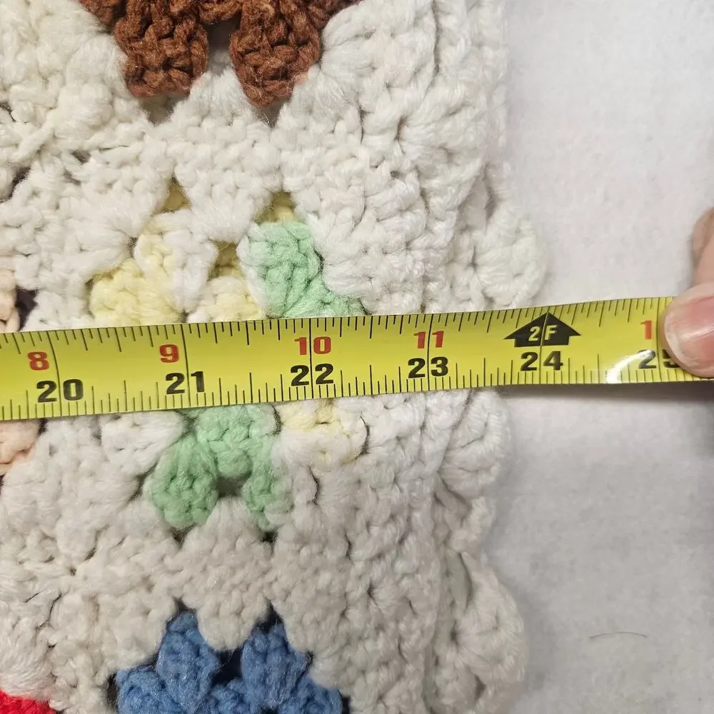 Vintage Handmade Crochet Granny Square Blanket Multi Color White Border 24x76